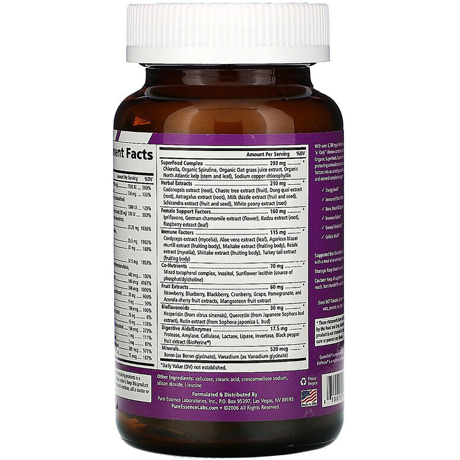 PEL032 | Back of brown supplement bottle with white cap showing Supplement Facts label and purple band