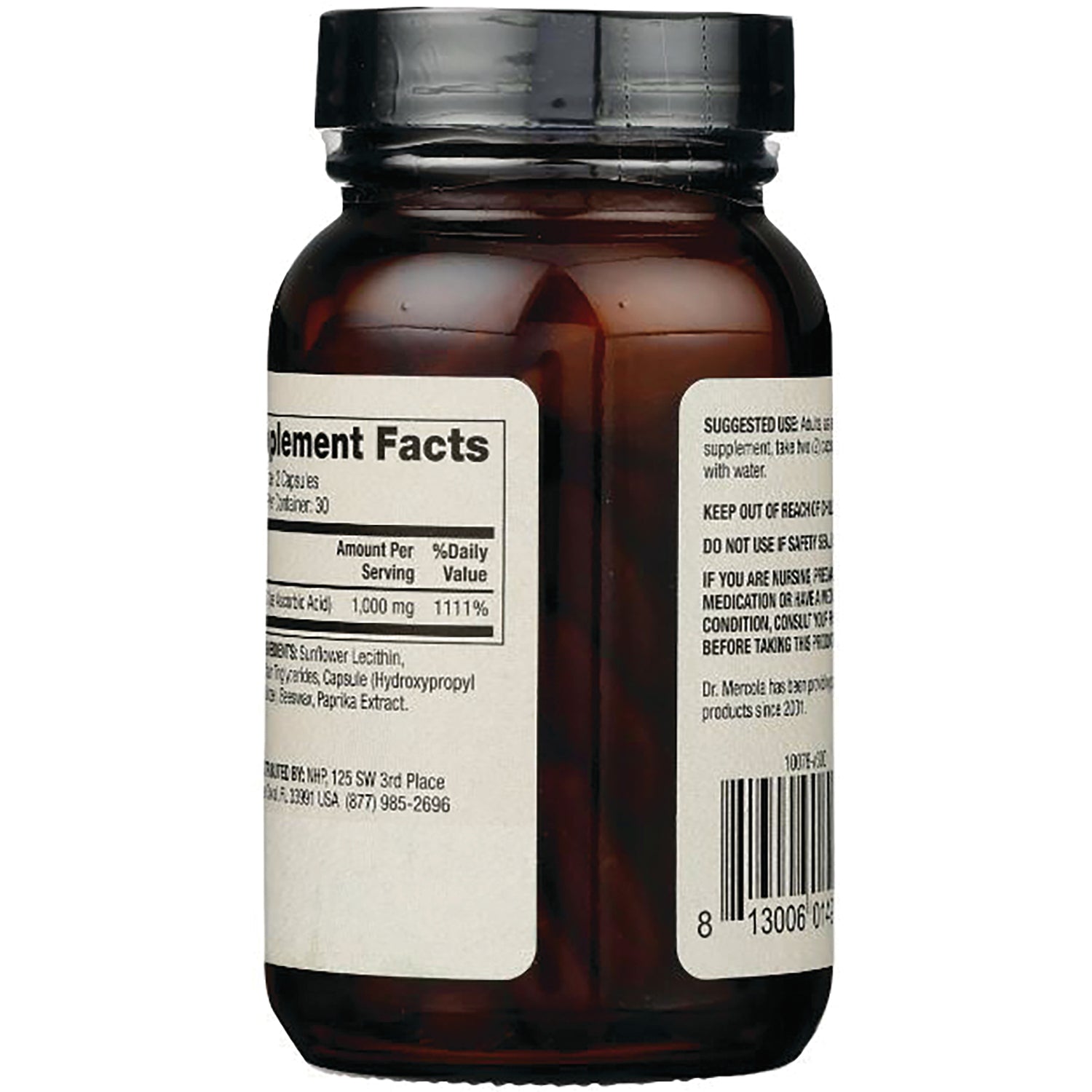 MRC062 | Back of amber supplement bottle showing supplement facts panel, warning text, and barcode