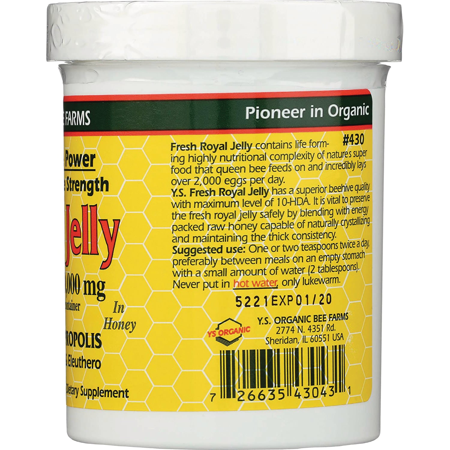 YS025 | Y.S. Organic Bee Farms Fresh Royal Jelly in Honey back label with details, barcode, and code 5221 EXP 01/20