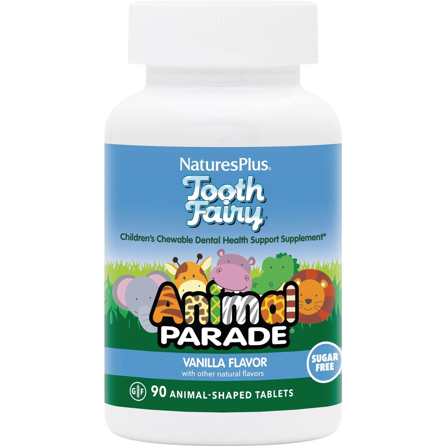 NTP138 | NaturesPlus Tooth Fairy Animal Parade vanilla chewable dental health supplement bottle, sugar free, 90 animal-shaped tablets