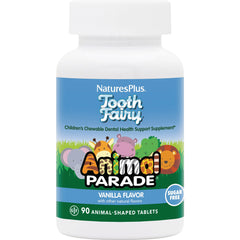 NTP138 | NaturesPlus Tooth Fairy Animal Parade vanilla chewable dental health supplement bottle, sugar free, 90 animal-shaped tablets