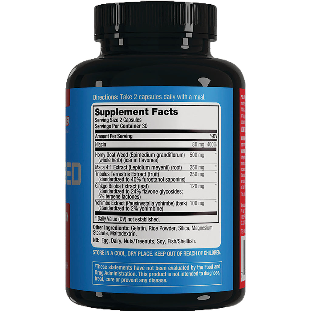 PRL035 | back of blue supplement bottle showing Supplement Facts panel with serving size, ingredients, and storage warnings - Thumbnail