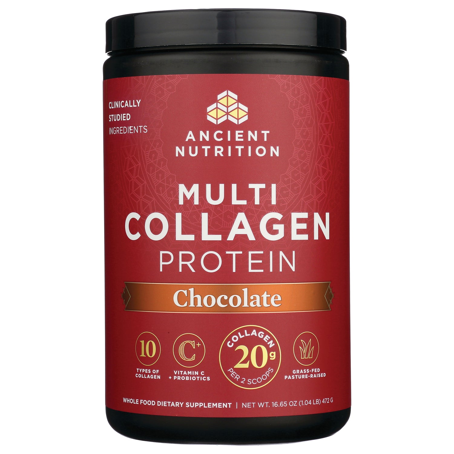 ATN026 | Ancient Nutrition Multi Collagen Protein Chocolate tub front label