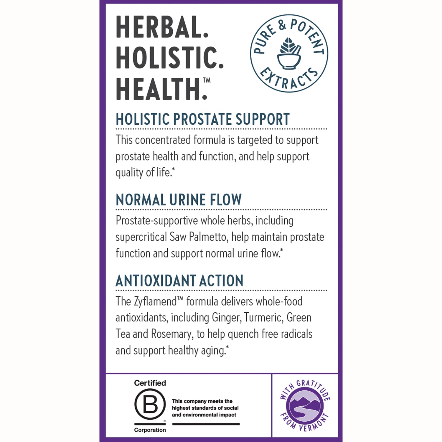 NWC276 | product infographic: Holistic Prostate Support, Normal Urine Flow, Antioxidant Action, certification logos