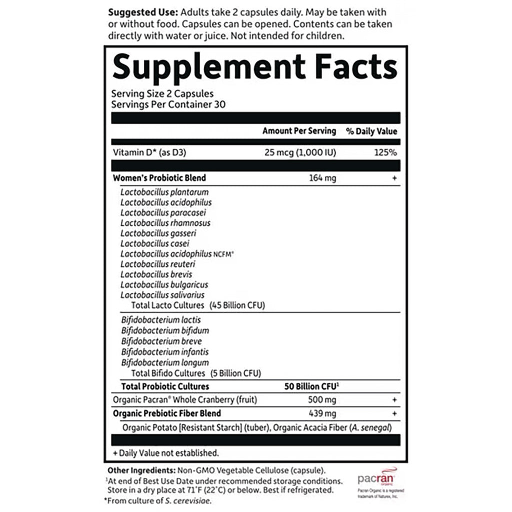 GLF383 | Supplement facts panel showing serving size, vitamin D, women's probiotic blend and total probiotic cultures - Thumbnail