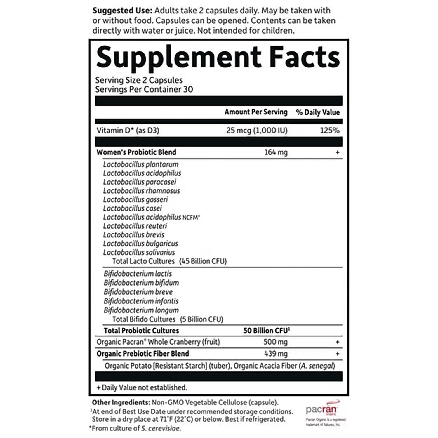 GLF383 | Supplement facts panel showing serving size, vitamin D, women's probiotic blend and total probiotic cultures