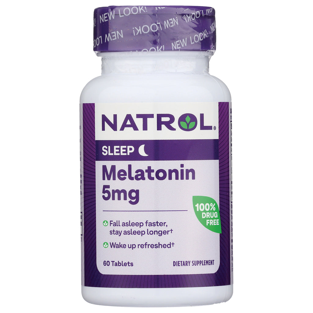 NA437 | NATROL Melatonin 5mg white bottle with purple label, 60 tablets, 100% drug free - Thumbnail