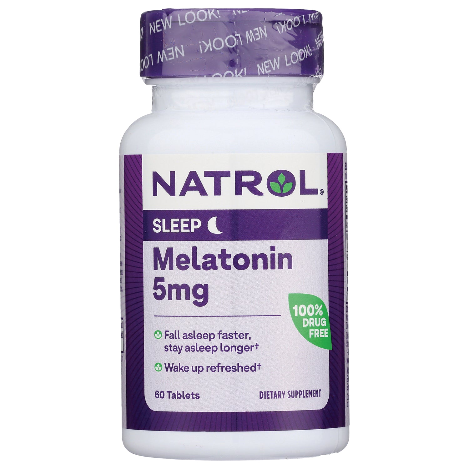 NA437 | NATROL Melatonin 5mg white bottle with purple label, 60 tablets, 100% drug free