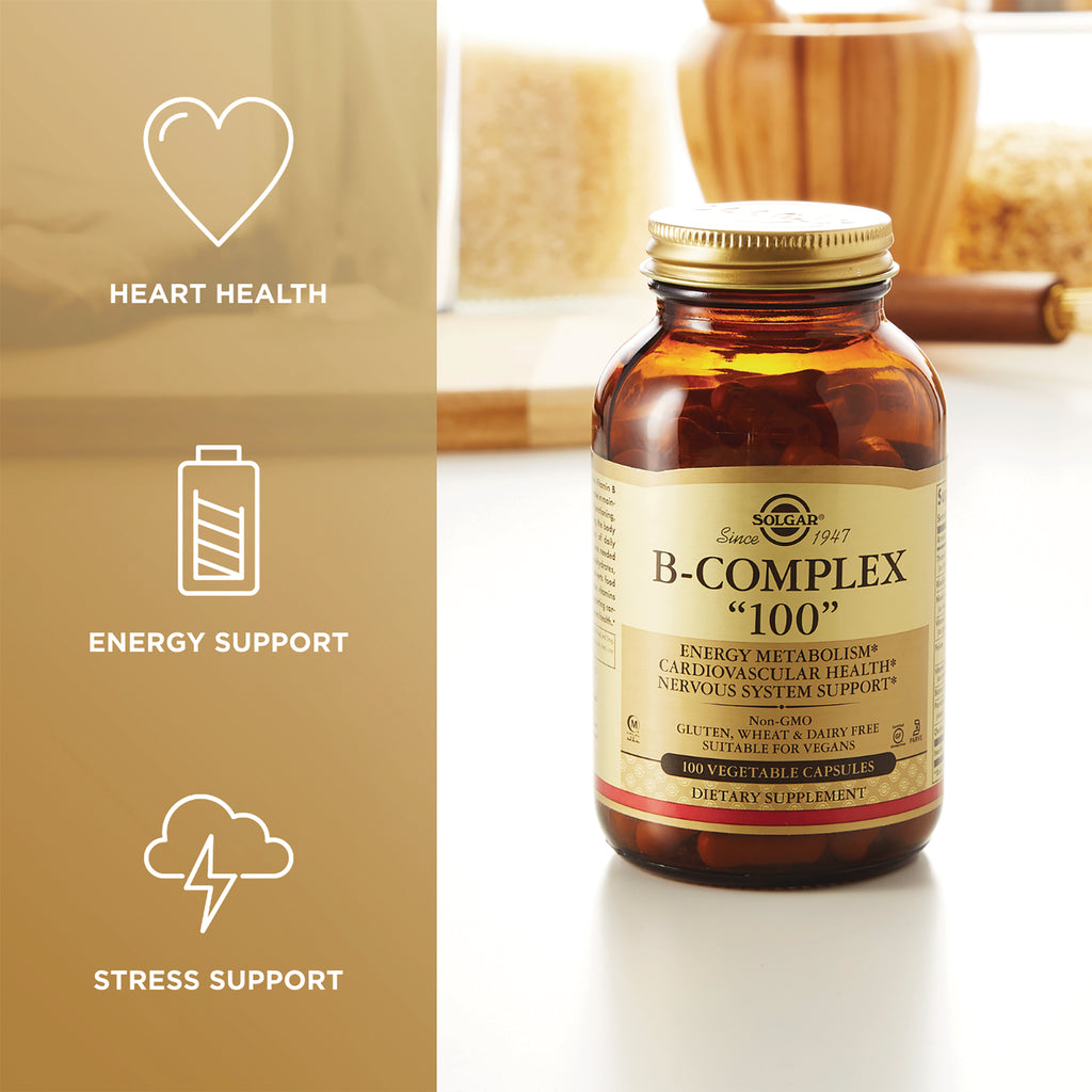 SLG210 | Solgar B-Complex 100 bottle with label B-COMPLEX 100 and left panel icons for heart health, energy support, stress support - Thumbnail
