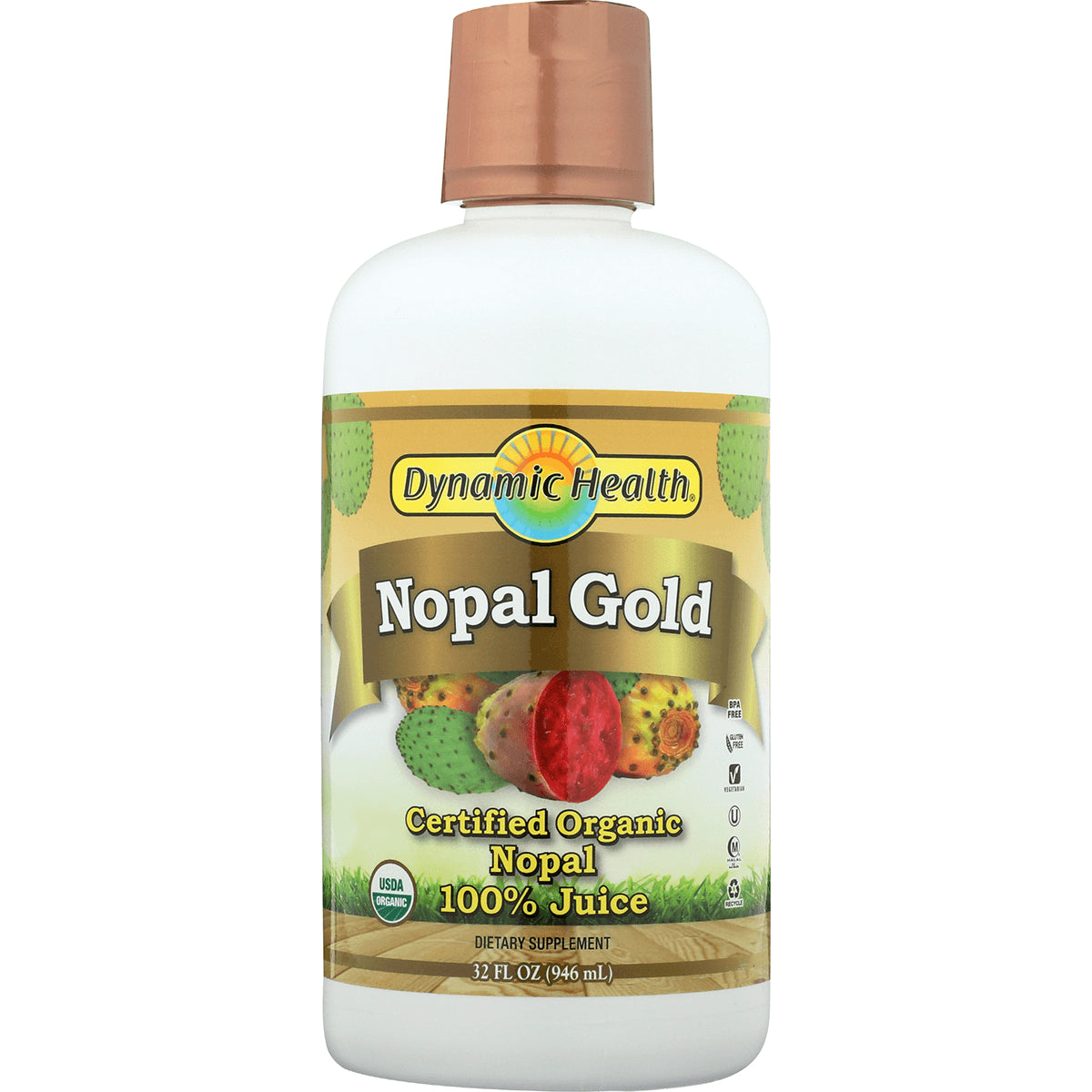 DYH027 | Dynamic Health Nopal Gold bottle, certified organic nopal 100% juice 32 fl oz