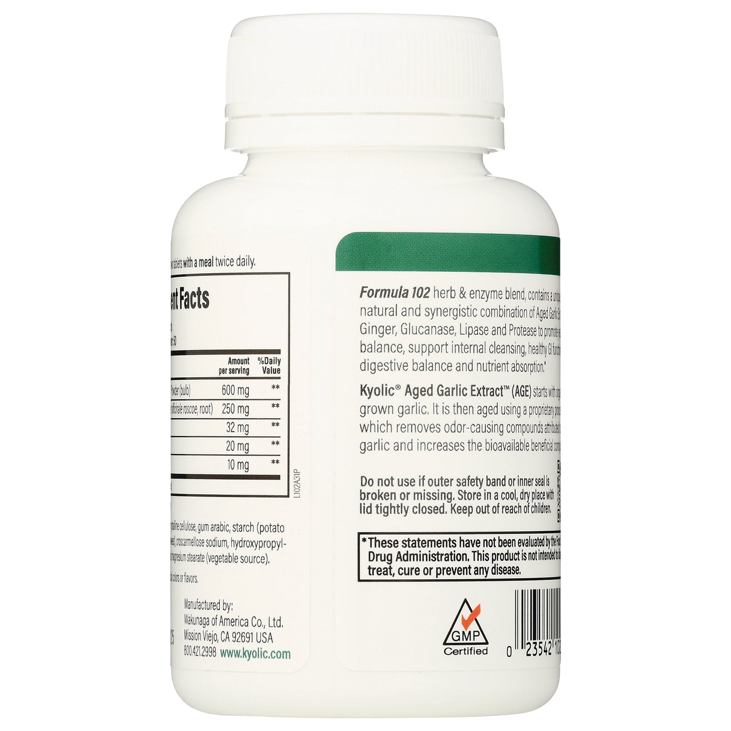 KY099 | Back label of white supplement bottle showing supplement facts, product description, barcode and GMP certified logo