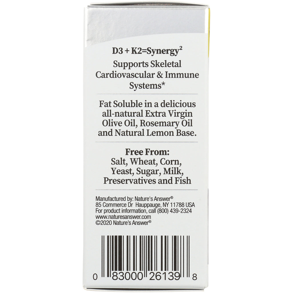 NAT407 | product infographic panel stating D3 + K2 synergy, olive oil base, lists free from salt wheat corn yeast sugar milk preservatives and fish, barcode - Thumbnail