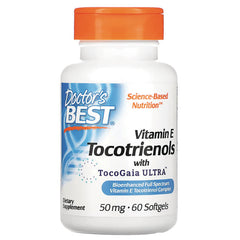 Doctor's Best Vitamin E Tocotrienols white bottle with orange cap, 50 mg, 60 softgels label