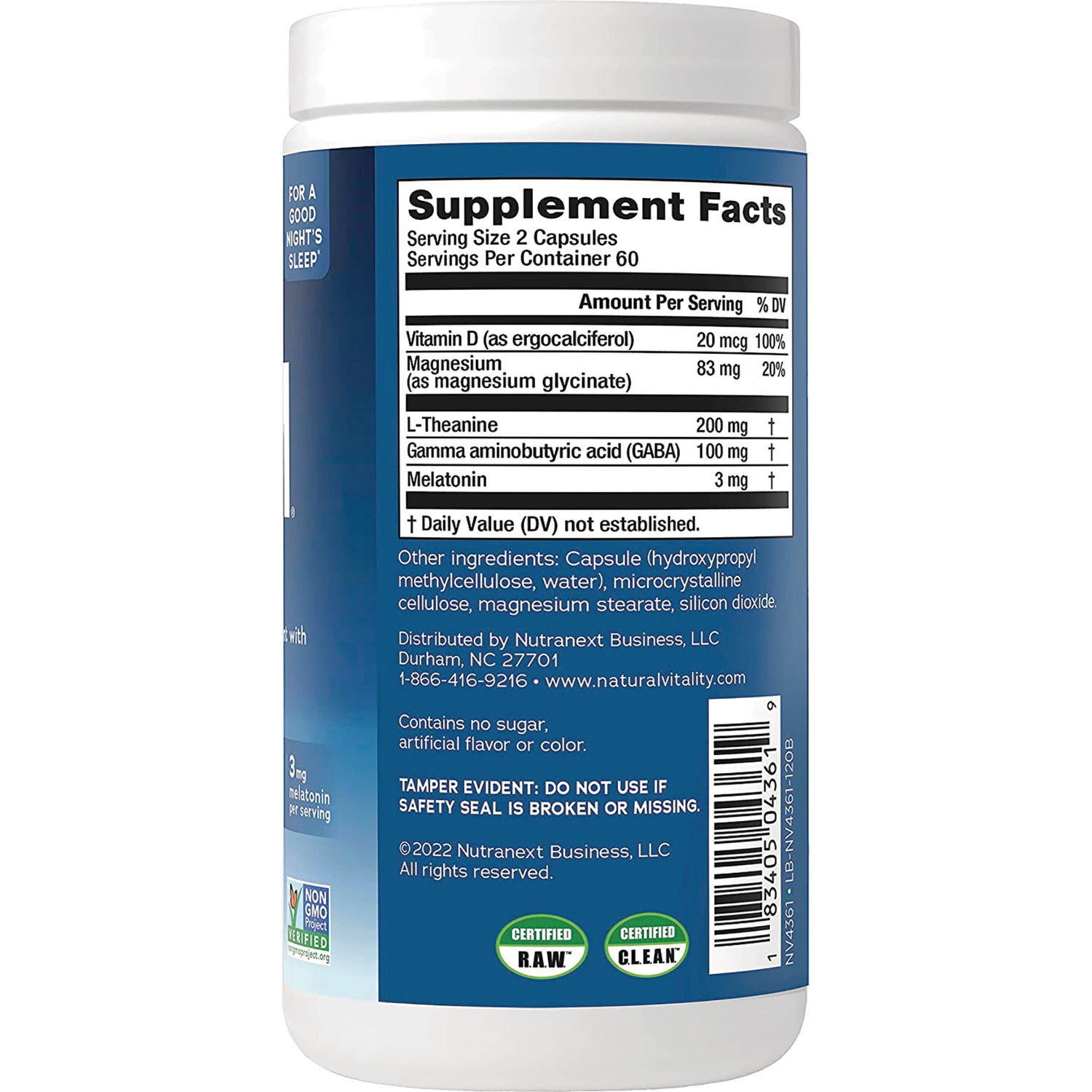 NVT057 | Back label of supplement bottle showing Supplement Facts panel, ingredient list and barcode