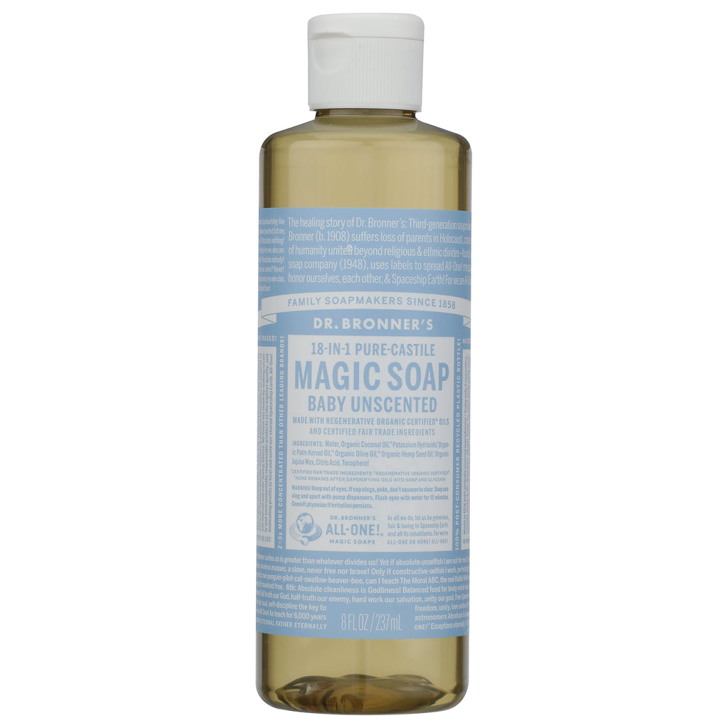DRB017 | Dr. Bronner's 18-in-1 Hemp Baby Unscented Pure-Castile Soap bottle, 8 fl oz, front label - Thumbnail