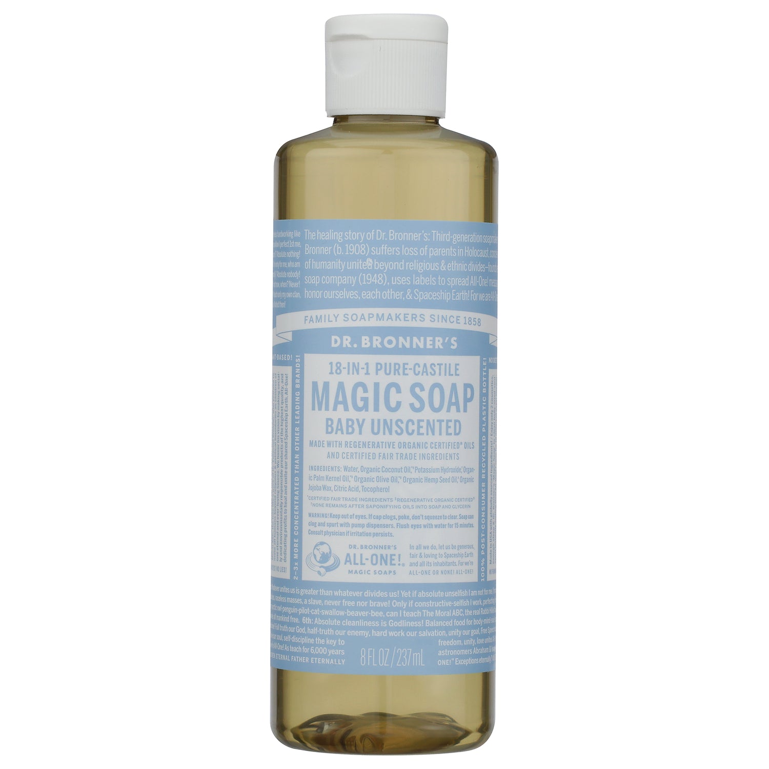 DRB017 | Dr. Bronner's 18-in-1 Hemp Baby Unscented Pure-Castile Soap bottle, 8 fl oz, front label