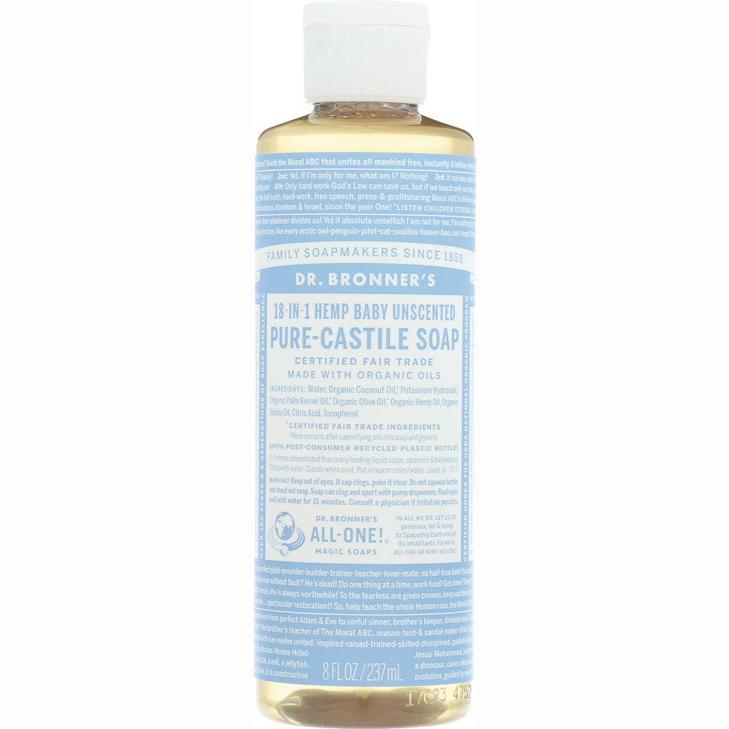 DRB017 | Dr. Bronner's 18-in-1 Hemp Baby Unscented Pure-Castile Soap bottle, 8 fl oz, front label - Thumbnail