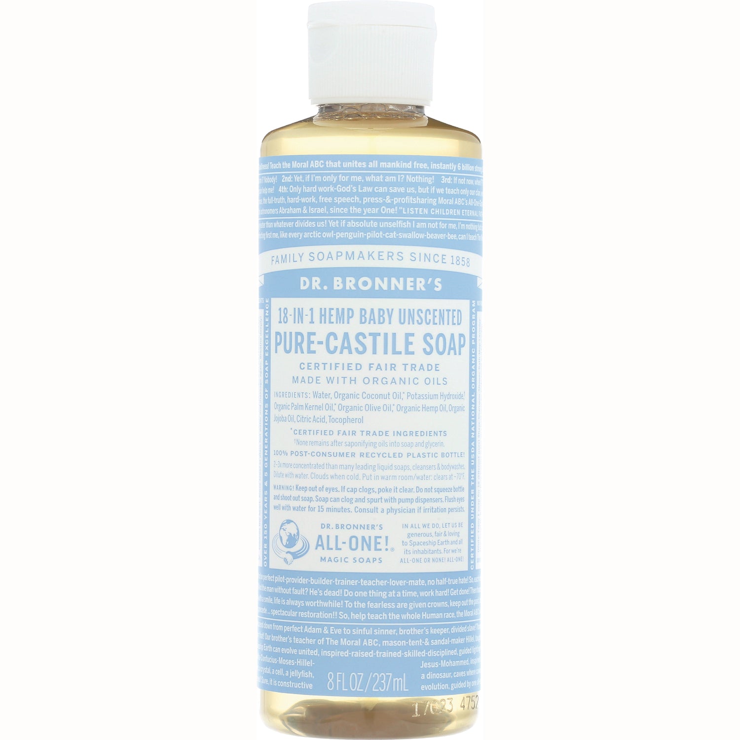 DRB017 | Dr. Bronner's 18-in-1 Hemp Baby Unscented Pure-Castile Soap bottle, 8 fl oz, front label
