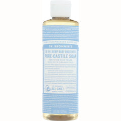 DRB017 | Dr. Bronner's 18-in-1 Hemp Baby Unscented Pure-Castile Soap bottle, 8 fl oz, front label