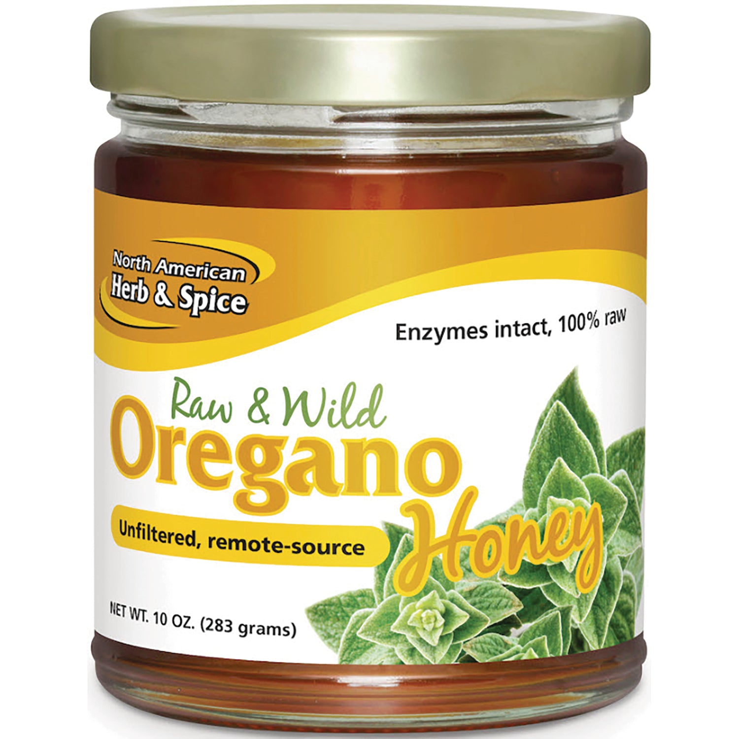 NHS090 | Glass jar of Raw & Wild Oregano Honey with yellow North American Herb & Spice label reading unfiltered, 10 oz
