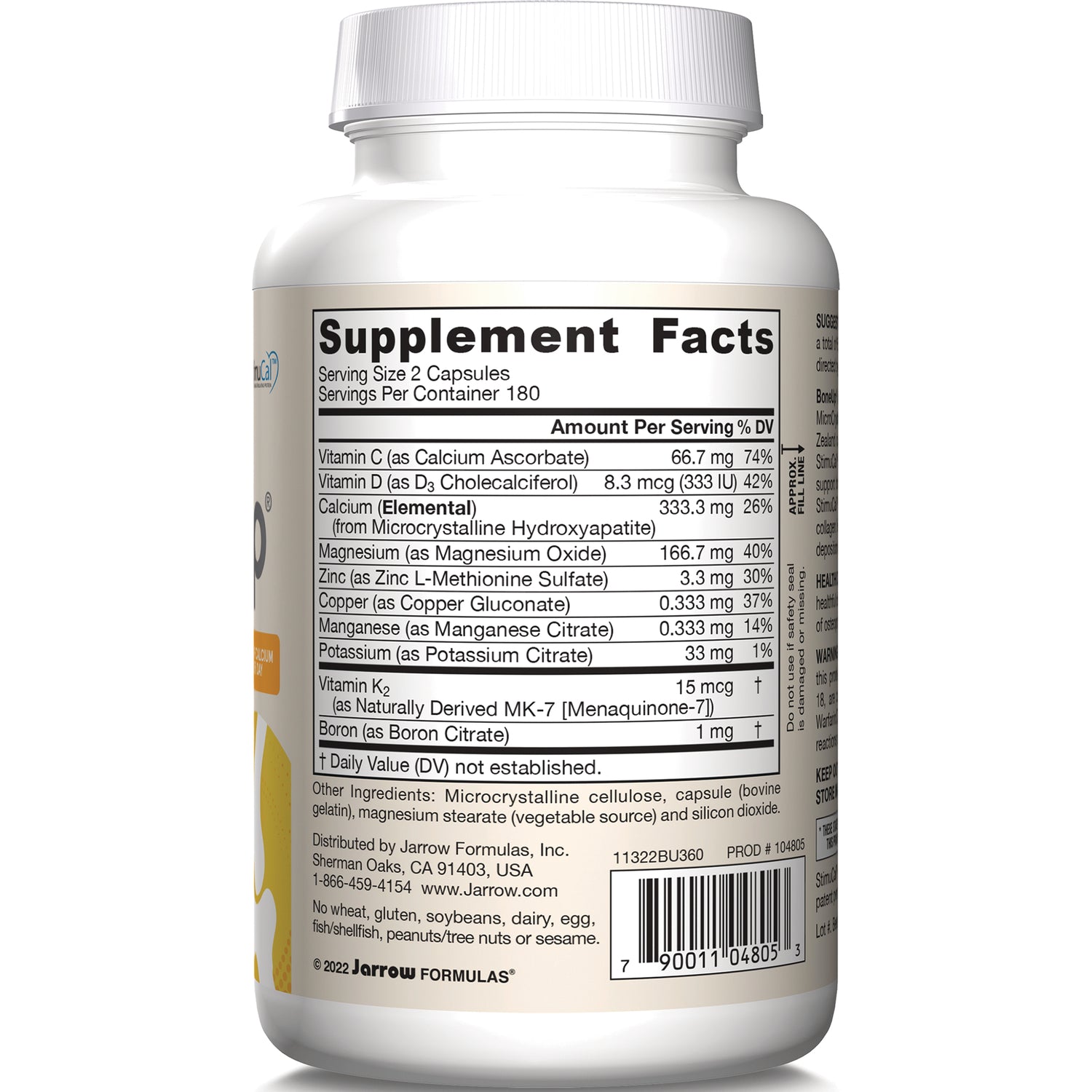 JR291 | back label showing Supplement Facts panel, ingredient list and barcode on white supplement bottle