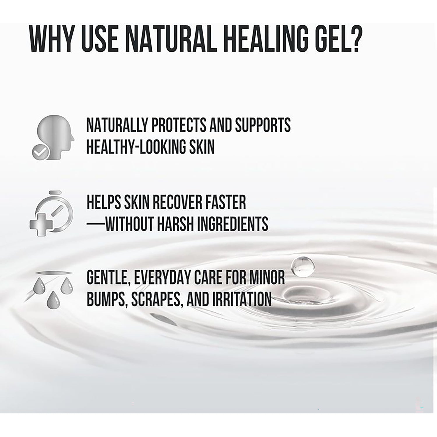 SSL015 | Product infographic explaining natural healing gel benefits for healthy-looking skin and minor bumps