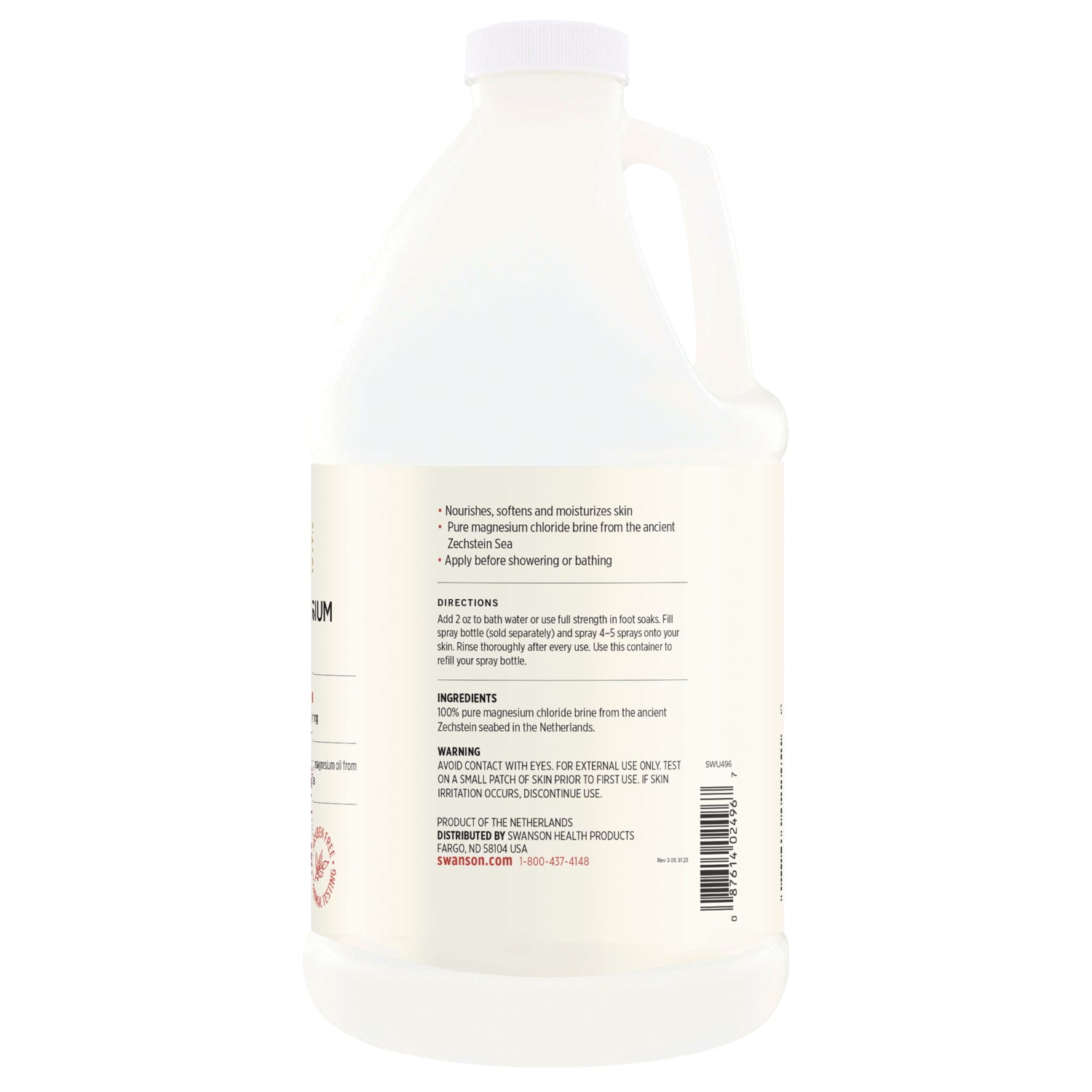 SWU496 | Ingredients, directions, and warning text for magnesium chloride brine spray
