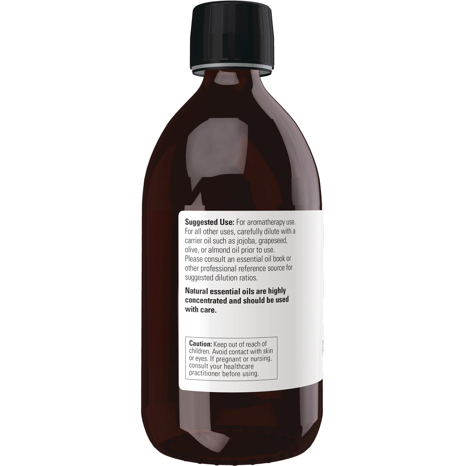 NWF503 | Back of amber bottle with white label showing Suggested Use and Caution text and a black cap