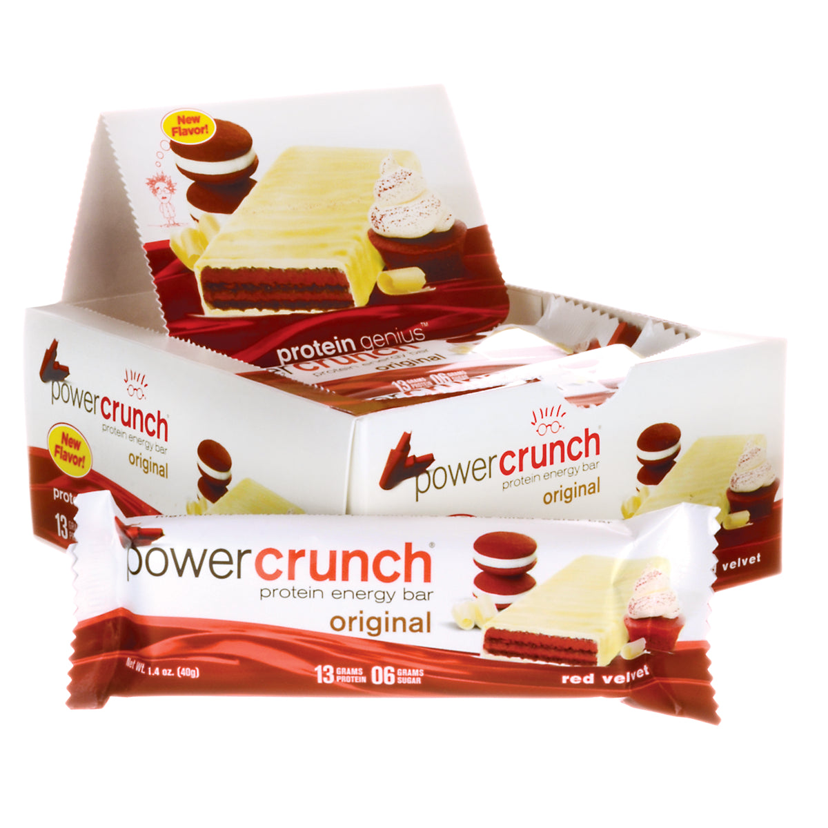 BNR017 | powercrunch protein energy bar box with wrapped bar, red velvet original