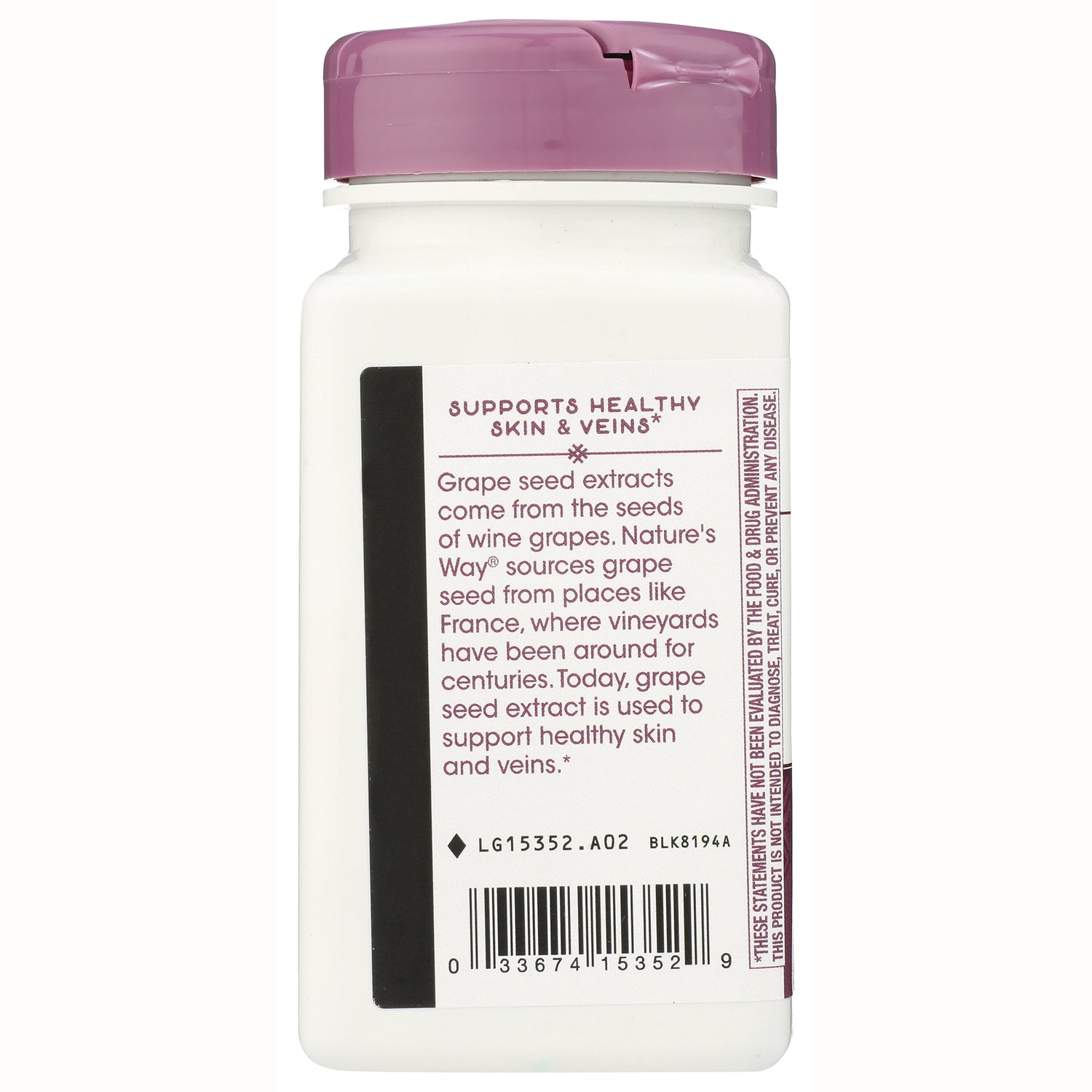 NW768 | Back label showing grape seed extract benefits Supports healthy skin & veins and barcode on supplement bottle