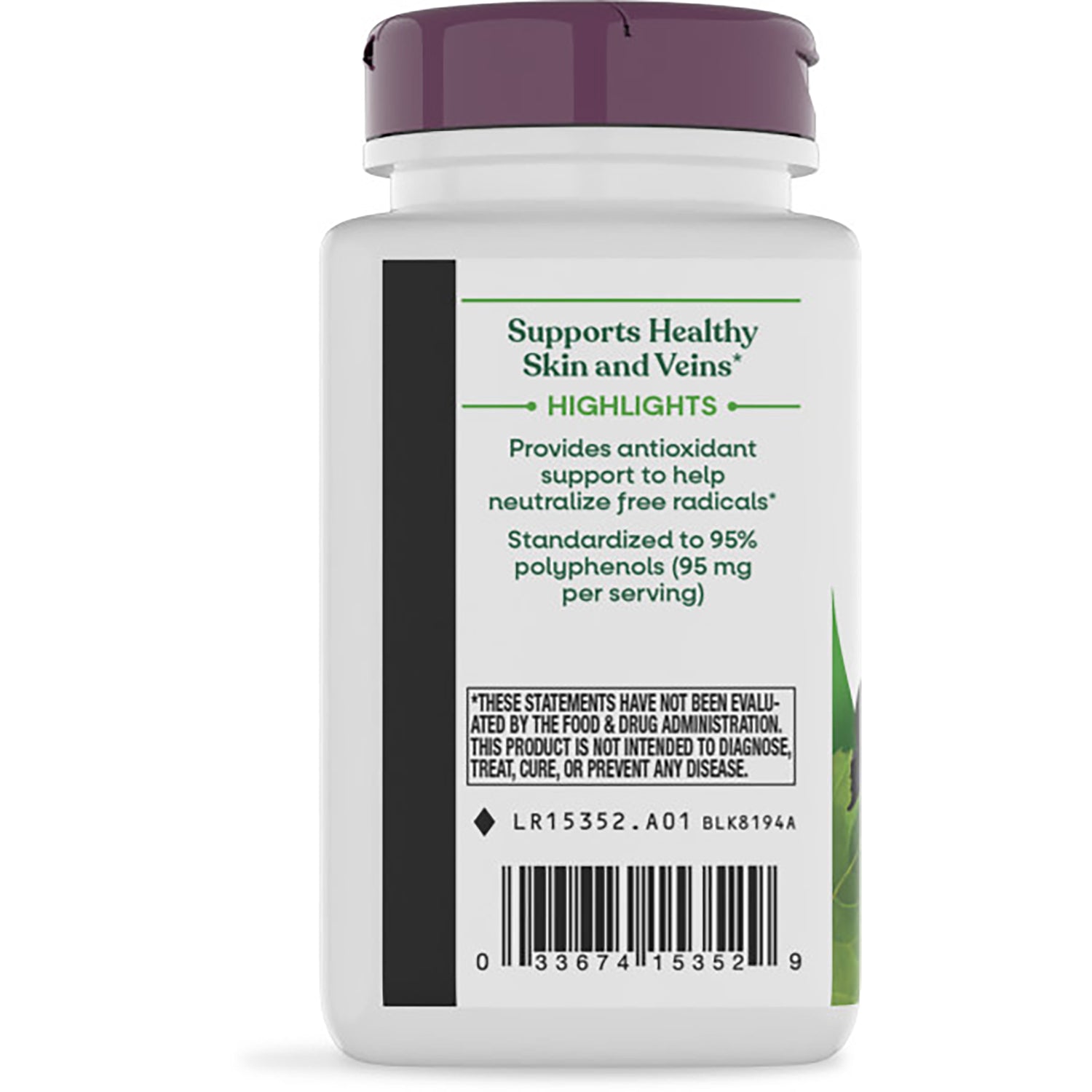 NW768 | Back label showing grape seed extract benefits Supports healthy skin & veins and barcode on supplement bottle