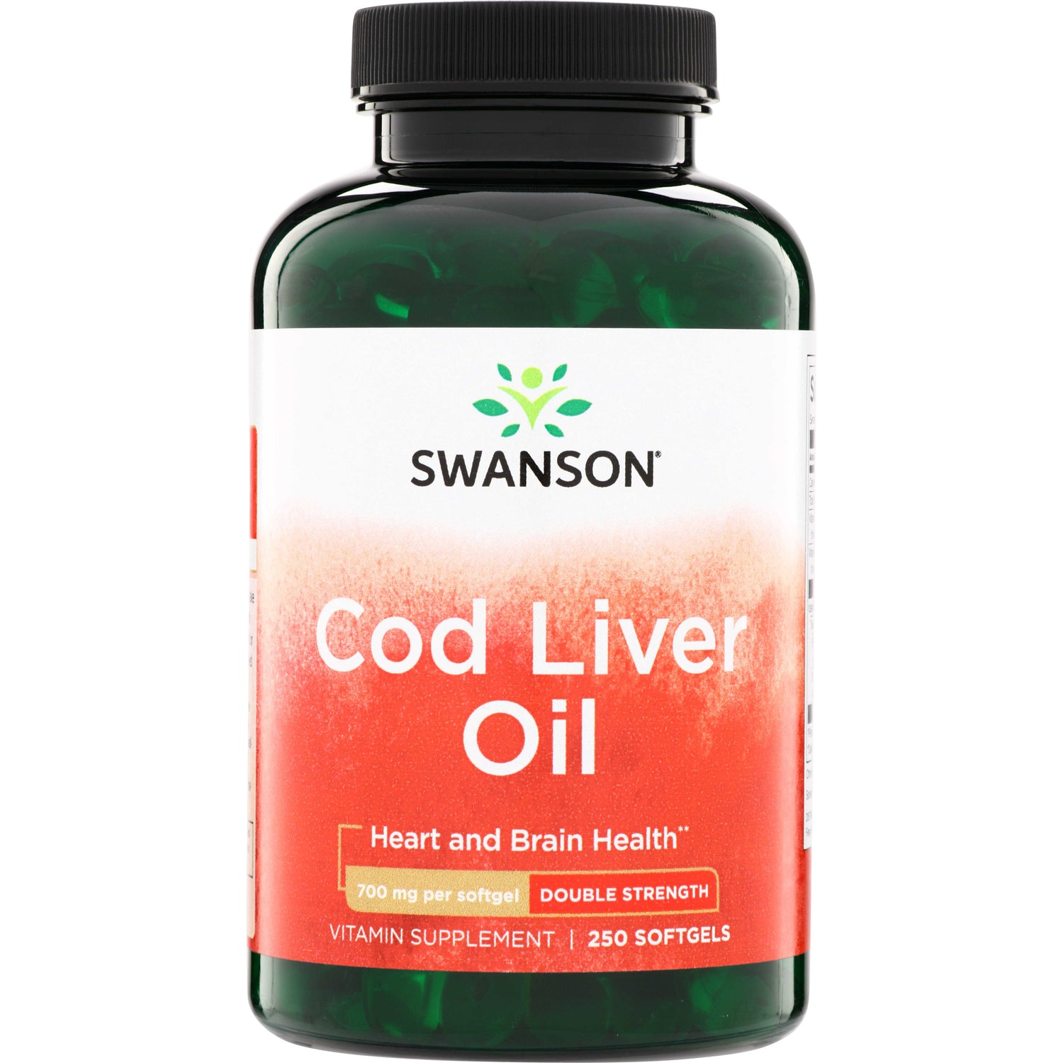 SW1763 | Swanson Cod Liver Oil bottle, Double Strength 700 mg per softgel, 250 softgels, Heart and Brain Health
