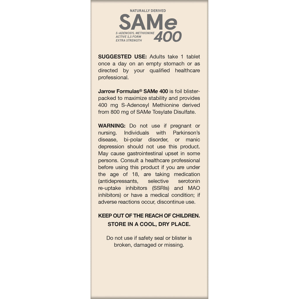 JR350 | back panel with suggested use, warnings, and storage instructions for SAMe 400 supplement - Thumbnail