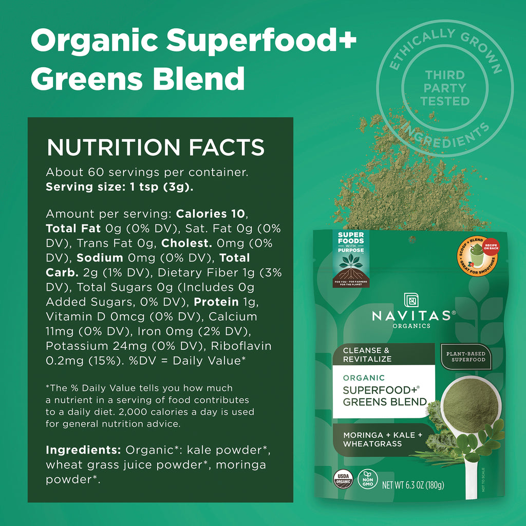 Nutrition facts panel beside Navitas Organics Organic Superfood+ Greens Blend pouch and spoon of green powder - Thumbnail