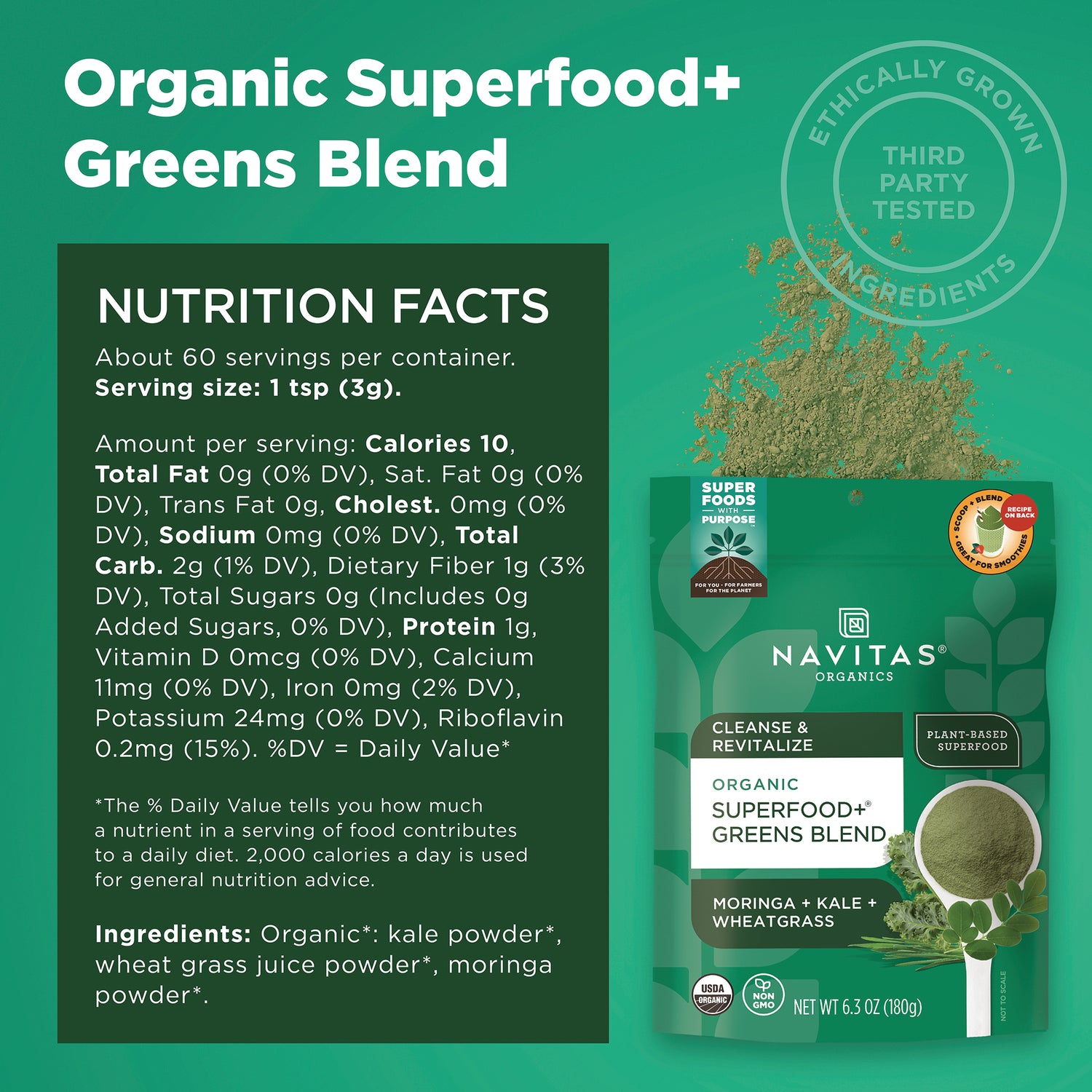 Nutrition facts panel beside Navitas Organics Organic Superfood+ Greens Blend pouch and spoon of green powder