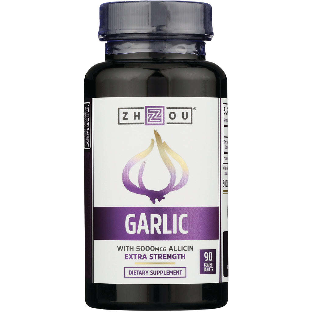 ZOU030 | Zhou Garlic supplement bottle front, Extra Strength 5000 mcg allicin, 90 coated tablets - Thumbnail