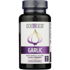 ZOU030 | Zhou Garlic supplement bottle front, Extra Strength 5000 mcg allicin, 90 coated tablets