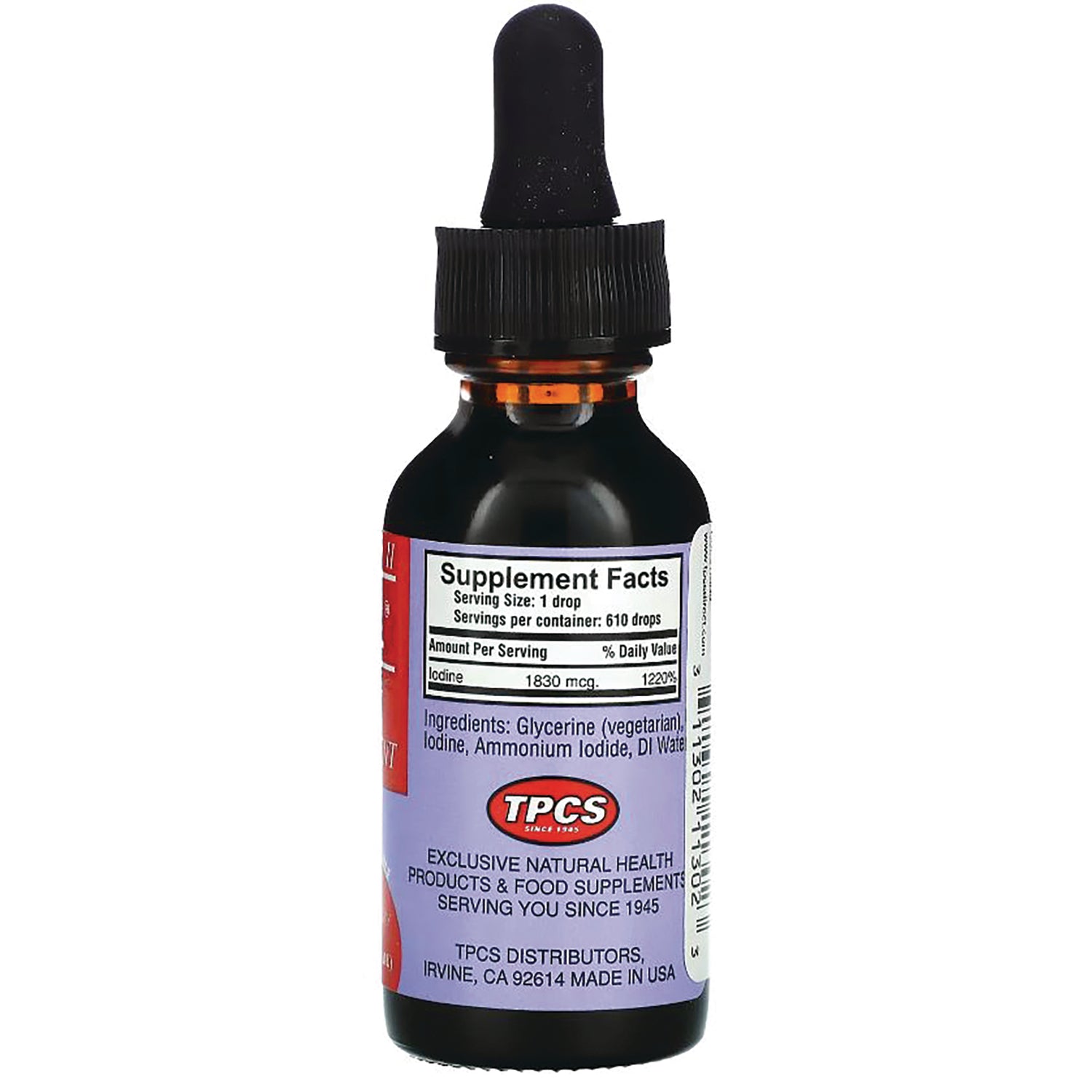 TPC001 | Back label with Supplement Facts and ingredients on dropper bottle