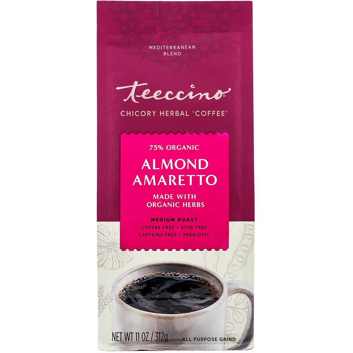 TCN009 | Teeccino Almond Amaretto chicory herbal coffee, 11 oz bag front, 75% organic