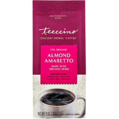 TCN009 | Teeccino Almond Amaretto chicory herbal coffee, 11 oz bag front, 75% organic