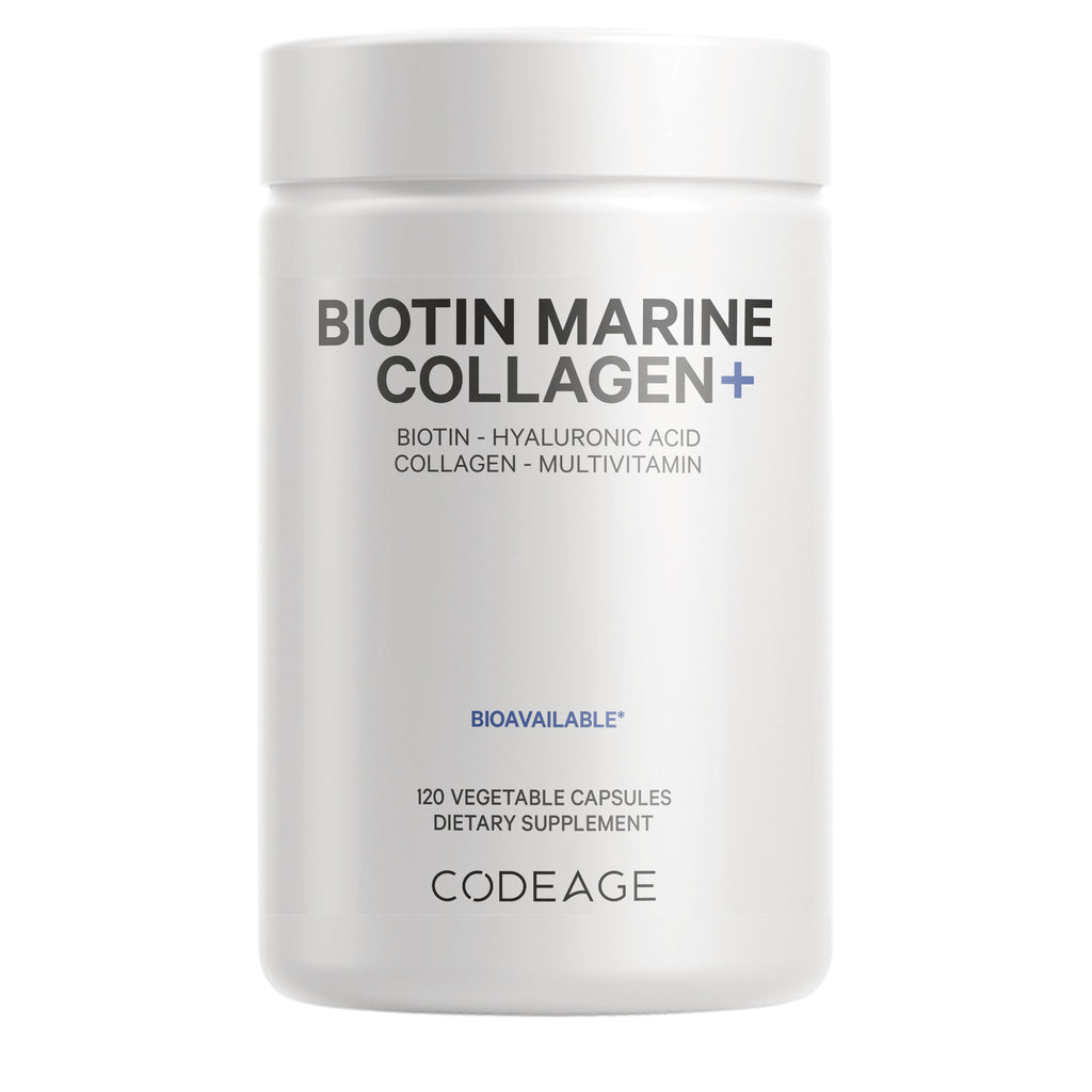 CDG027 | White CODEAGE bottle labeled Biotin Marine Collagen, 120 vegetable capsules dietary supplement - Thumbnail
