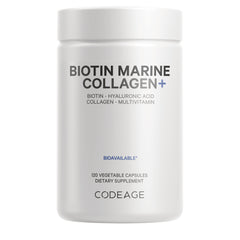 CDG027 | White CODEAGE bottle labeled Biotin Marine Collagen, 120 vegetable capsules dietary supplement