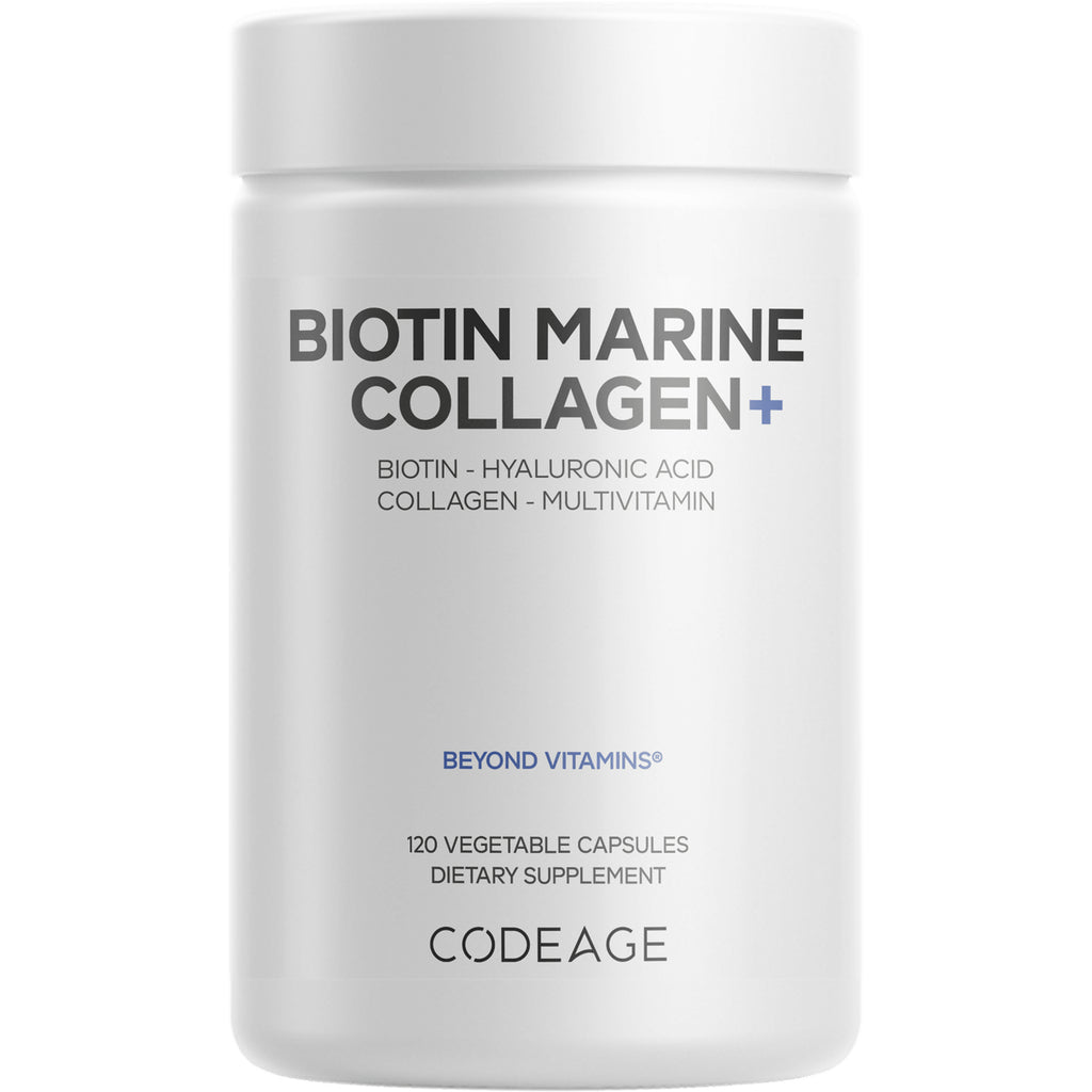 CDG027 | White CODEAGE bottle labeled Biotin Marine Collagen, 120 vegetable capsules dietary supplement - Thumbnail