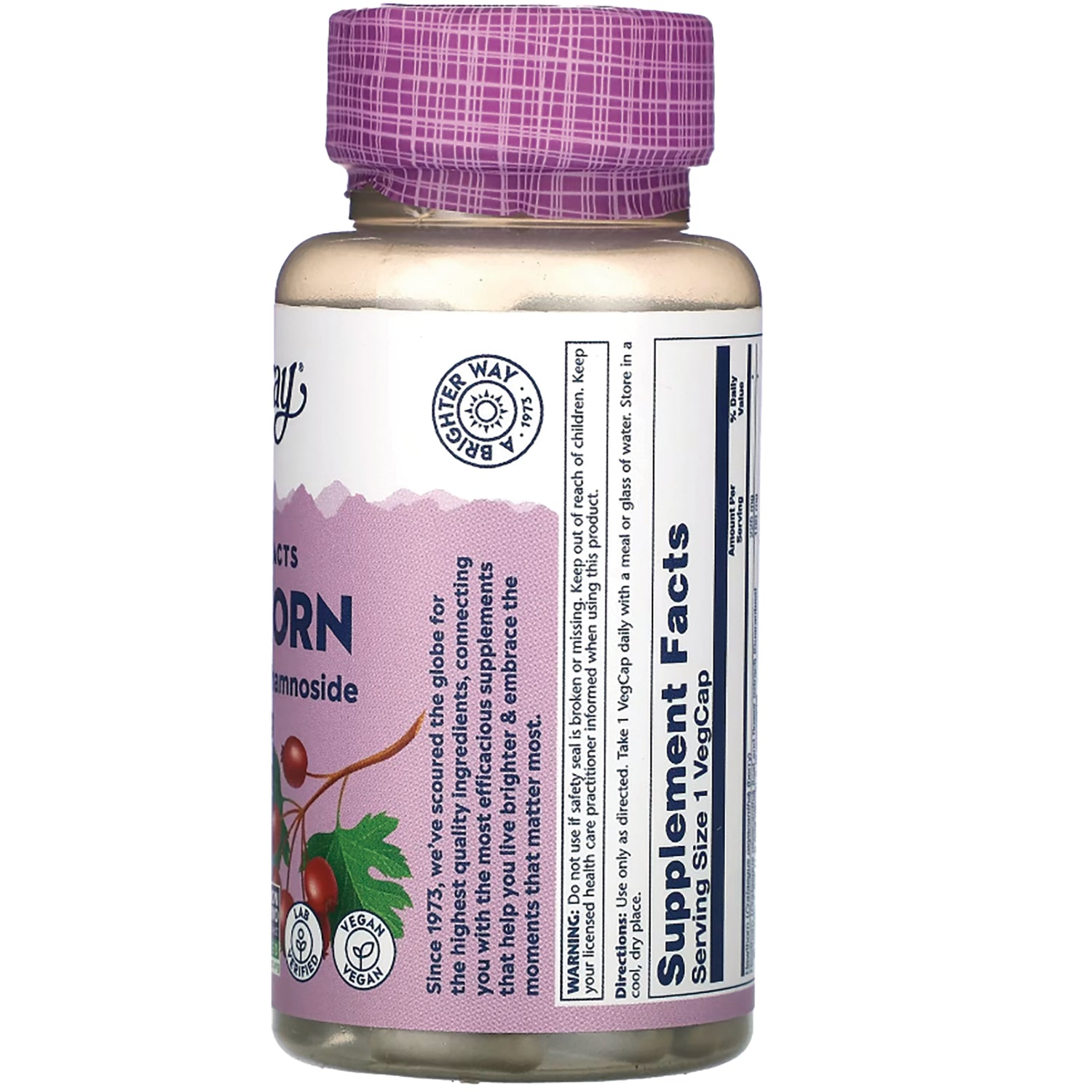 SLR434 | back of purple-capped supplement bottle showing Supplement Facts panel and partial label text