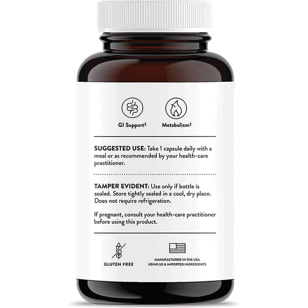 TRN027 | Back label of supplement bottle with Suggested Use, Tamper Evident, GI Support, Metabolism, Gluten Free, Made in USA - Thumbnail