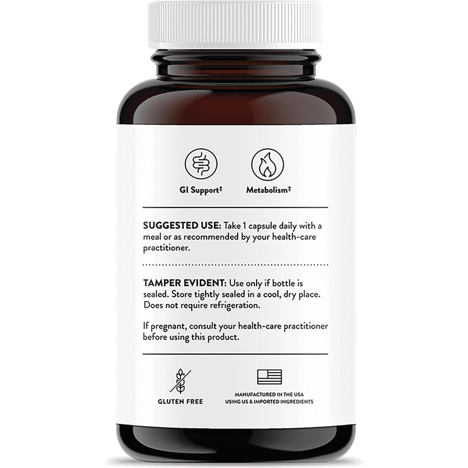TRN027 | Back label of supplement bottle with Suggested Use, Tamper Evident, GI Support, Metabolism, Gluten Free, Made in USA