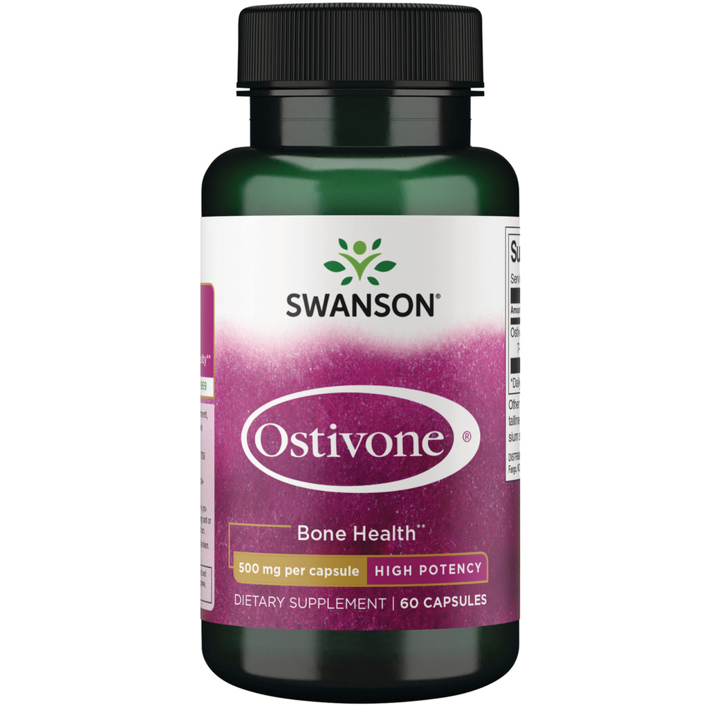 Four Swanson Ostivone bone health supplement bottles with front labels reading Ostivone, 500 mg per capsule, 60 capsules || SWU090 | Three front-facing Swanson Ostivone bone health supplement bottles, 500 mg per capsule, 60 capsules each || SWU090 | Two front-facing Swanson Ostivone supplement bottles showing label Ostivone, Bone Health, 500 mg per capsule, 60 capsules - Thumbnail