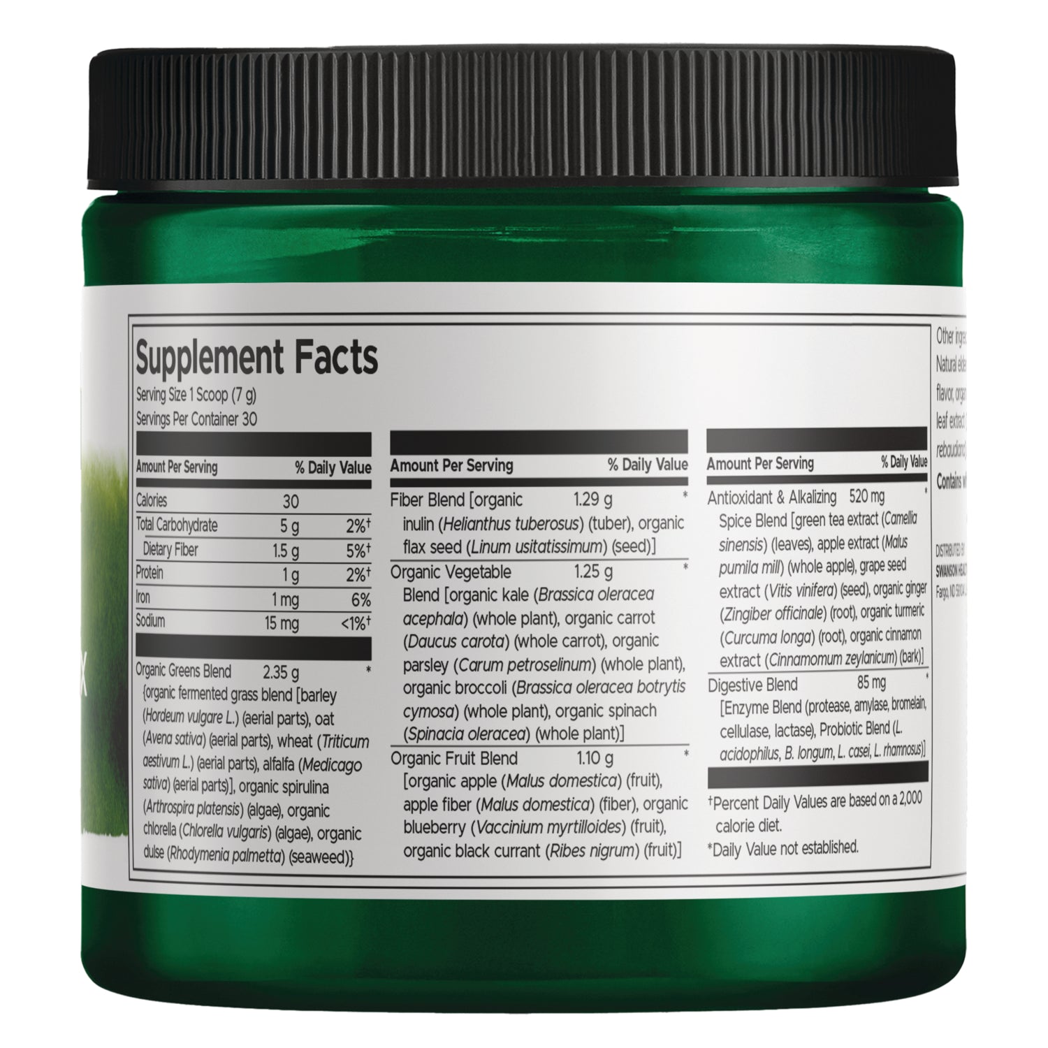 SWB006 | Supplement Facts panel on green powder jar, nutrition and ingredient list visible