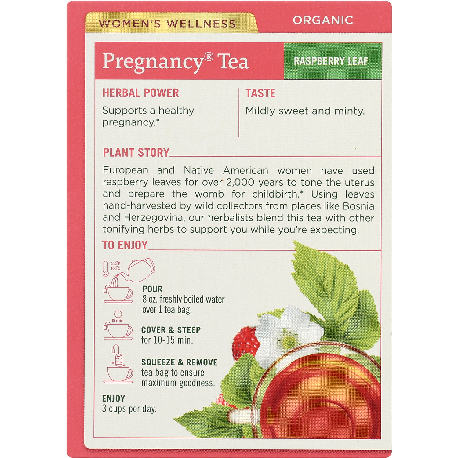 TMD025 | Back panel for Pregnancy Tea, Raspberry LeafHerbal Power, Taste, Plant Story, and brewing steps shown