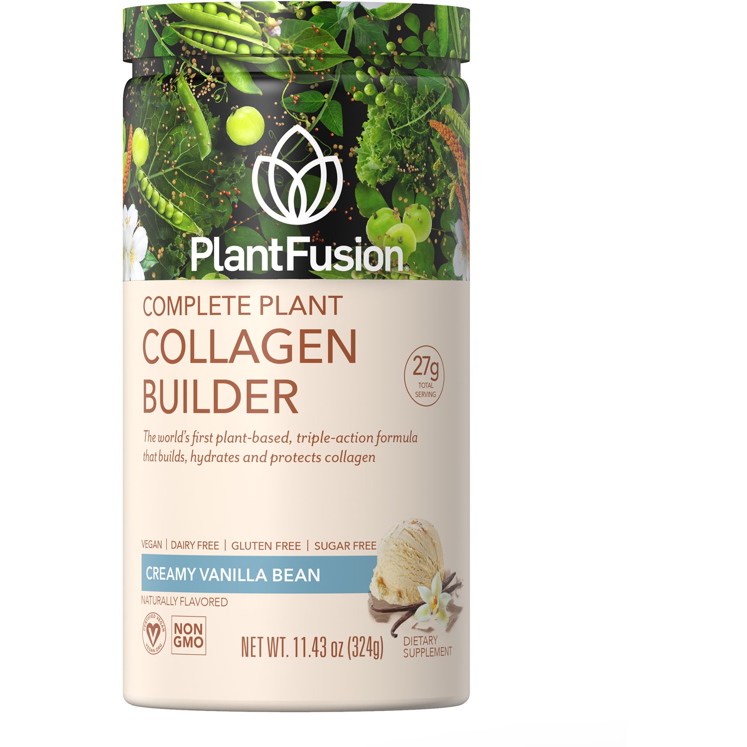 PFU024 | PlantFusion Complete Plant Collagen Builder tub, creamy vanilla bean flavor, front label view